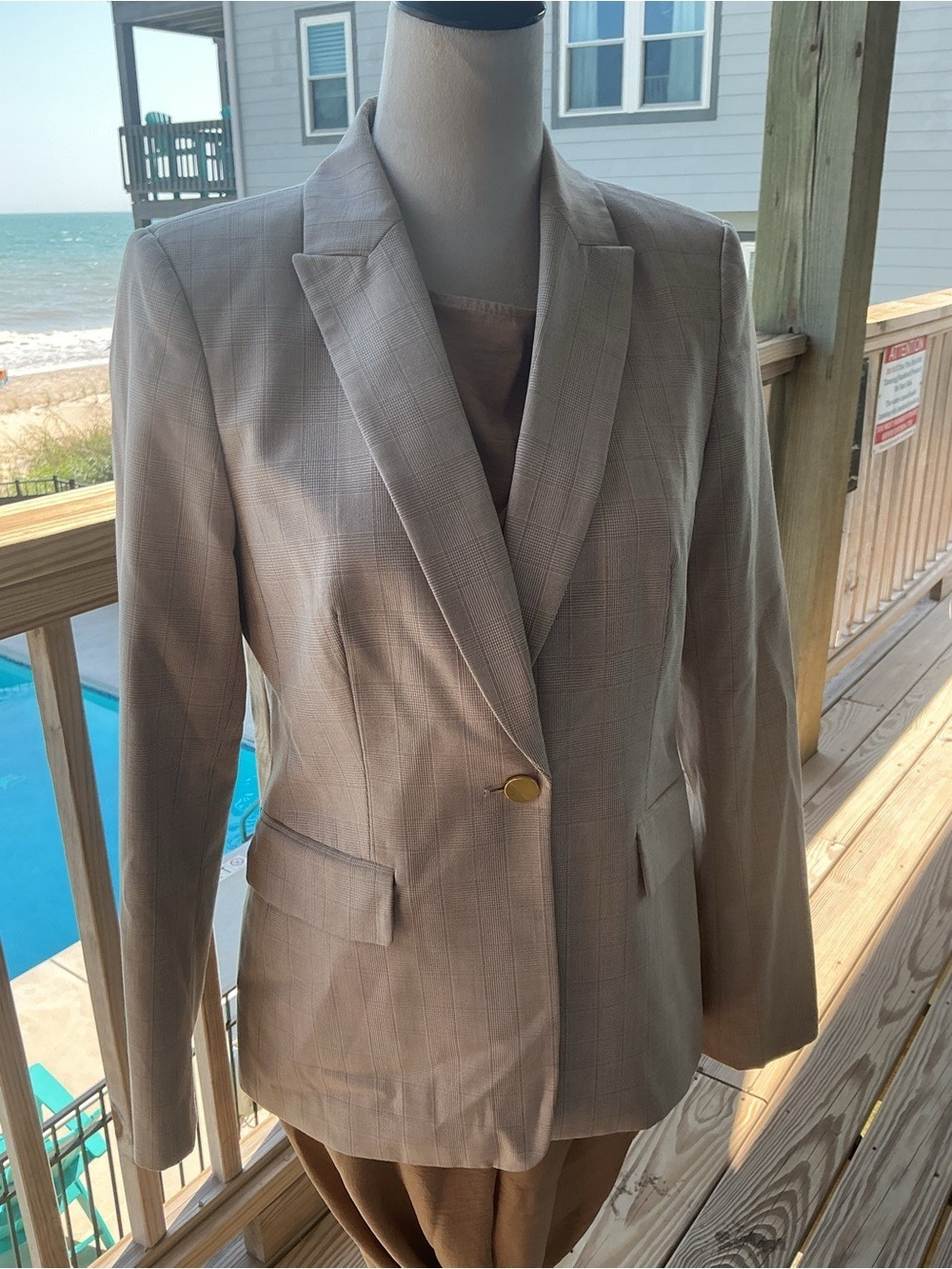 Calvin Klein Taupe Plaid Tailored Blazer - Picture 3 of 14